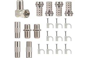 RELIAGINT F-TV, F Connector, F Extension Hembra, F a IEC Macho TV Cable Hembra, TV Adaptador de ángulo recto F, Clip de cable de 7 mm para Antena, Satélite, Dish TV, DBS, Freesky, caja gratis, 20 piezas