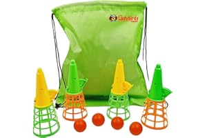 LADYBIRDS COMPANY Click And Catch Ball Game With 4 Cones and 4 Ping Pong Balls And Drawstring Bag. Keeps Kids Active. Ping Pong Ball Catch Game Aids Hand Eye Coordination. Set Of 4