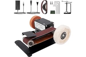 Yofuly Lijadora de Banda, Eléctrica Mini Amoladora de Banda Ángulo Ajustable con 10pc Bandas de Lijado para metal y carpintería, 7 Velocidad Ajustable