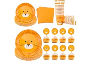 TUZHE 150 piatti di carta a forma di leone, per il compleanno dei bambini, per 25 ospiti, decorazione di compleanno, con stoviglie per feste, piatti di carta in due misure, bicchieri di carta, tovaglioli,