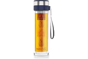 bonVIVO VitaliTEA Bottiglia Infusore Tè - Teiera con Filtro in Acciaio Inox - Bottiglia Detox in Vetro Borosilicato a Doppia Parete Isolante, 450 ml - Borraccia Termica Portatile Blu