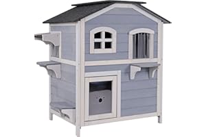 lionto Villa pour Chats en Bois de Sapin avec Toit en Bitume, Maison intérieur et extérieur sur 2 étages avec escaliers, 80x55x90 cm, cabane adaptée pour Grands Chats avec Rideau à Lames, Gris/Blanc