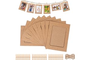 YUUCHORINGEE 30 Pcs Kraft Cardboard Photo Frames for 6x4 Photo Paper, Hanging Picture Frames with 30 Wooden Clips and 30 Hemp Ropes, Rustic Hanging Picture Mounts Display for Wall Decor, Home and Office Use