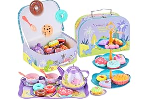 EALINGMOON Teeservice Kinder,45 Pcs Tee Party Set Kinder mit Tragekoffer,Rollenspiel für kleine Mädchen,Teeservice Kinderküche für Kinder Mädchen 3 4 5 6 7 8 Jahren (Dinosaurier)