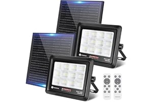 Aigostar Foco Proyector LED Solar 200w, Blanco Frío 6500K, con mando a distancia, Impermeable IP65, Visualización del nivel de batería, con Brillo y Sincronización ajustables para Jardín, 2 pcs