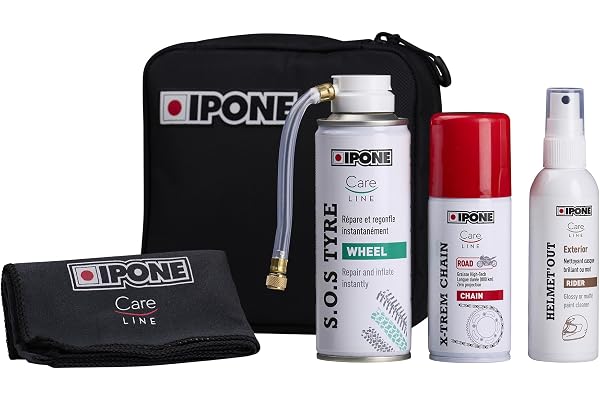 IPONE – Kit Crevaison & Entretien Moto : Bombe Anti-Crevaison, Graisse Chaîne 800 km, Nettoyant Casque + Lingette – Pochette Étanche Compacte Voyage Moto