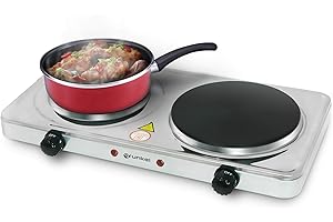 Grunkel - EHP-118 - Hornillo Eléctrico de 18,5cm de Placa. Cocina Eléctrica portátil ideal para Caravanas, Camping o Cocinas Pequeñas - 1500W - Metal forjado – Blanco (2 Inox 2500W)