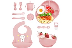 Bizcasa 8-częściowy zestaw dla niemowląt odstawiony od piersi silikonowy zestaw dla niemowląt, bez BPA, antypoślizgowy zestaw dla niemowląt z przyssawką z płaską przyssawką kubek na śliniaczek