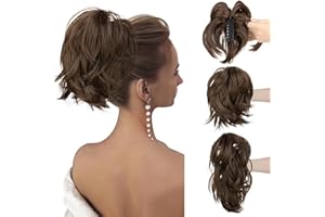 CJL HAIR Claw Clip Short Ponytail Hair Extensions DIY Bendable Metals Messy Bun Hair Piece for Wonen Straight Synthetic Fake Hairpieces Medium Brown