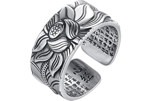 THLMT Bague Lotus, Bague Sutra Coeur, Bague Mantra pour Hommes Femmes Bouddhiste Coeur Sutra Bague Richesse Chance Anneau Cadeau Réglable Chanceux Ouverture Anneaux Nouvel An Saint Valentin Cadeaux