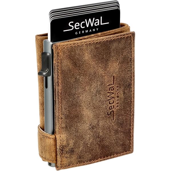 Baur Slim Wallet aus echtem Leder – Kreditkartenetui mit Aluminium Pop-Up Case & RFID-Schutz – Kleine Geldbörse für Herren mit Münzfach – Smart Wallet (Münzfach mit Druckknopf, Büffelleder Braun
