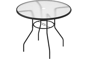 Outsunny 100 cm Round Dining Table with Parasol Hole, Outdoor Coffee End Side Table with Tempered Glass Top, Steel Frame for Garden, Patio, Black