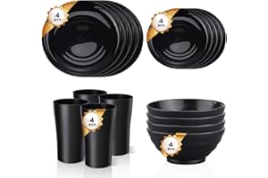 Plastic Dinnerware Sets for 4, Pleafind 16-Piece Plates and Bowls Sets Include Dinner Plates, Salad Plates, Cereal Bowls, Cups, Dishwasher and Microwave Safe, Lightweight and Unbreakable, BPA-Free