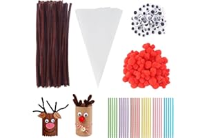EclipseGuard 500 Stück Pfeifenputzer zum Basteln, 100 Pfeifenreiniger Braun,100 PomPoms und 100 Wackelaugen für Bonbons Kekse Weihnachtsgeschenke Dekorieren für Kinder Weihnachten Rentier