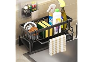 JJIW Sink Caddy, Kitchen Sink Organiser with Hook (Punch-Free Installation), Kitchen Accessories - Stainless Steel Dishcloth Sponge Holder for Kitchen Storage & Organisation(Black)
