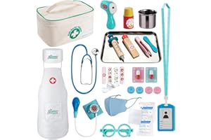 EFO SHM Malette Docteur Enfant - avec stéthoscope, seringue, Thermomètre Infrarouge et Beaucoup d’Autres Accessoires en Bois, Jouet d'Imitation dès 3 Ans