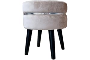 moorg Pouf Velluto Rotondo con Effetto Striscia Argento, Puffo per Sedersi Moderno Beige, Sgabello Poggiapiedi Elegante 40x35 cm