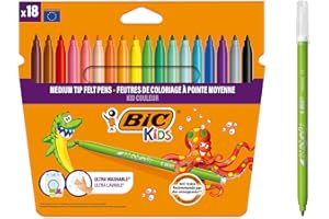 BIC Kids Kid Couleur Felt Tip Colouring Pens - Assorted Colours, Water-Based, Cardboard Wallet of 18