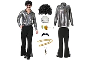 COSEAON 70s Disco Outfit for Men, 70s Disco Costume Shirt Trousers Suit with Wig Moustache Necklace Sunglasses for Party