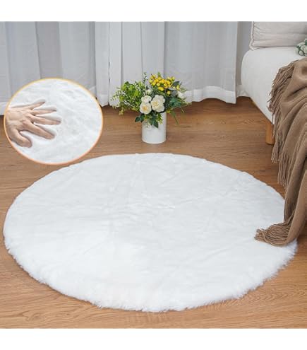 LYKEJI Rond tapijt, hoogpolig, modern tapijt voor woonkamer, slaapkamer, eetkamer of kinderkamer, shaggy, comfortabel, antislip tapijt (wit, 140 cm x 140 cm