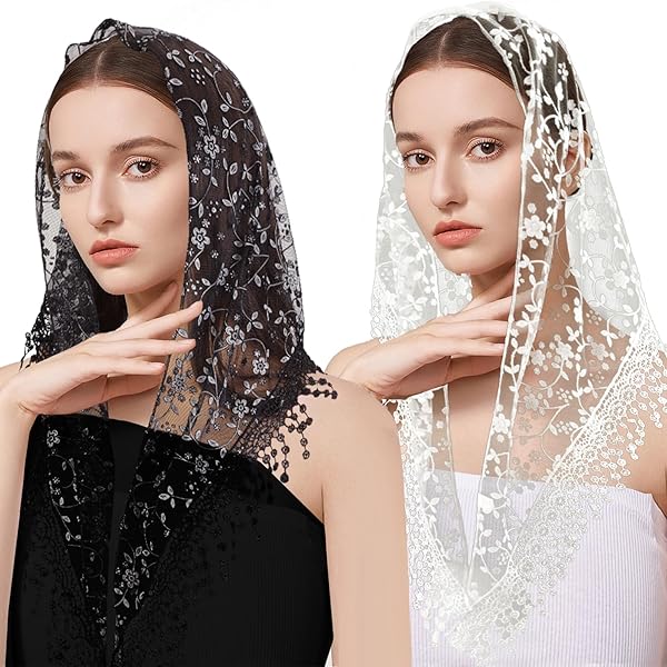 Voile Chrétien Femme Mantille Triangle - Broderie Vierge Et Enfant, Dentelle, Blanc, 126x45 Cm - 11