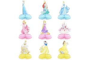HUEMTNOR 9 Stück Disney Prinzessin Geburtstag Dekorationen, Honeycomb Dekorationen, 3D Prinzessin Thema Tischdekoration Geburtstag für Tischdekorationen Party Supplies Bevorzugung Requisiten
