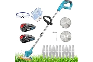 WAKKAPEINT Akku Rasentrimmer, Ersetzen für Makita 18V Akkus,mit 2X 3000Ah Akku,10x Metallklingen,2X Sägeblättern, mit 90° drehbarer Trimmerkopf, für Rasenflächen, Gärten