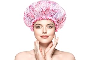 mikimini Large Shower Cap for Women Long Thick Hair, Pink Floral Design Shower Hats with Double Layer, Waterproof, Reusable, Washable Functions