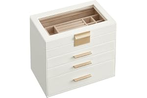 SONGMICS Smyckeskrin, smyckeskrin med 4 nivåer, smyckeskrin med glaslock, 3 lådor, för solglasögon, stora smycken, förvaring av smycken, modernt, molnigt vitt JBC161W01