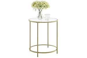 VASAGLE Tavolino Rotondo, Tavolino da Caffè, Struttura in Metallo, Comodino, Piano in Vetro Temperato, Tavolino da Divano per Soggiorno, Balcone, Dorato e Trasparente LGT20G