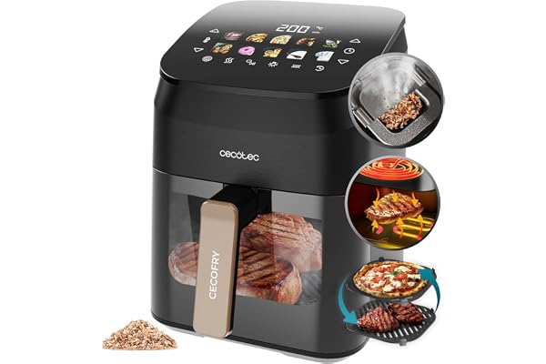 Cecotec Air Fryer Cecofry&Grill Smokin' 4500. Friteuse à Air sans Huile, Grill, Plancha, Fonction Fumoir, Résistance Double, Cuisson Uniforme, Idéale pour Viandes et Pizzas