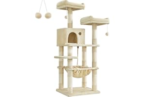 Feandrea Árbol para Gatos de Altura 143 cm, Torre para Gatos, con 11 Postes Rascadores, 2 Plataformas, 1 Cueva, 1 Hamaca, 2 Pompones, Tela de Felpa, Multinivel, Beige PCT15BE