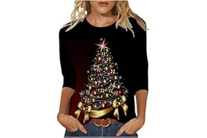 AMhomely Christmas T Shirts for Women UK Clearance Ladies Tops Fall Casual 3/4 Sleeve Loose Shirts Crewneck Xmas Tree Snowflake Elk Print Cute Blouse Graphic Tees Tunic Dressy Trendy Clothes