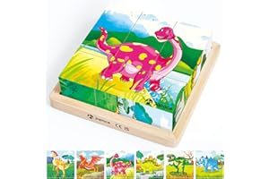 Japace Wooden Jigsaw Puzzles for Toddlers, 6 In 1 Dinosaur Puzzle 3D Wooden Cube Block Toys Montessori Educational toys for Kids 1 2 3 4 Years Old Dinosaur Toys for Boys and Girls