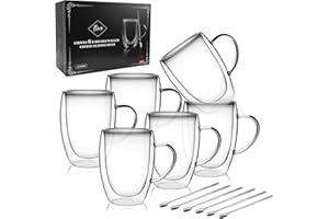 LIBWYS Doppelwandige Kaffeegläser 6x350ml mit Löffel, Cappuccino, Latte Macchiato Gläser, Teetassen Thermo mit Griff, Hitzebeständige Kaffeetassen Trinkgläser (6er Set)