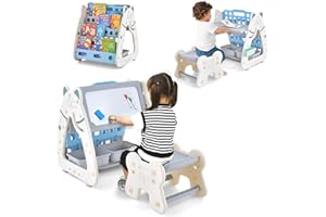 COSTWAY 3 en 1 Chevalet Enfant Magnétique avec Tabouret Réglable en Hauteur, Bibliothèque Enfant avec Tableau Effaçable à Sec & 2 Boîtes, Bureau Enfant en Forme de Chat, 56 x 54 x 71 cm, 1-5 Ans
