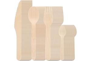 VOSSOT Couverts en bois jetables 200 pièces – Ensemble de 4 types : couteaux, fourchettes, cuillères, petites cuillères – Couverts écologiques biodégradables sans plastique pour pique-nique, fête, mariage