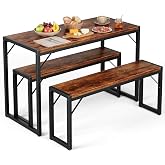 MAXLEAD Space Saving Dining Table with 2 Benches, Rustic Wooden Kitchen Table Set for Breakfast Nook, Home Bar & Small Dining