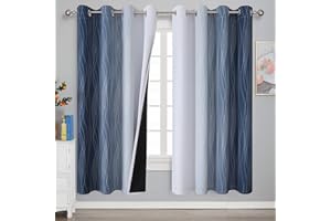 VEHEDE Navy Blue and Greyish White Gradient Blackout Curtains 72 Inch Drop for Bedroom, Wave Stripe Thermal Insulated Printed Ombre Room Darkening Drapes for Living Room, W52 x L72 Inch, 2 Panels