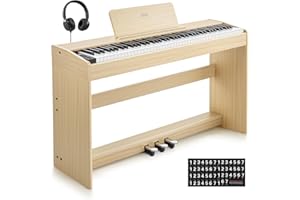 Eastar EUP-110 Piano Digital 88 Teclas Contrapesadas, Piano Eléctrico para Principiantes, con Auriculares, Pegatinas Musicales, Pantalla, 3 Pedales, Conexión Inalámbrica, Grabación - Madera Clara