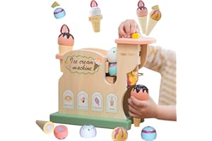 ‎SMARTWO Smartwo Eismaschine Spielzeug für Eisdiele Eisladen, Holz Zubehör für Kinderküche Spielküche Kaufladen, Küchenzubehör 12-teiliges Spielset für Mädchen ab 3 Jahre, Rollenspiel Küchenspielzeug