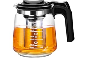 T24 Teekanne aus Glas mit Siebaufsatz Hitzebeständig herausnehmbaren Edelstahl Filter Sieb, Glasteekanne mit Teesieb & Überhitzungsschutz, Ideal zur Zubereitung von Losen Tees, Teapot (1500ml)