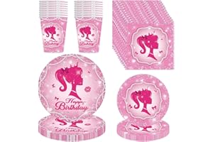 IOSCDH 68 Piezas Juego de Vajilla de Fiesta, Bar-bie Cumpleaños Vajilla, Bar-bie Cumpleaños Decoracion, Bar-bie Vajilla de Fiesta Incluye Platos,Toallas de Papel, Vasos de Papel