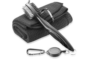 FUZVOL Black Golf Cleaner Brush and Microfibe Golf Towel Set Cleaning Kit Golf Brush Towel Portable with Clip Carabiner Waffle Pattern, Golf Accessories Gift for Men
