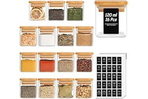 ComSaf Botes Especias Cristal 120 ml 16 Piezas, Botes Especias Cristal Cuadrados con Tapa, Frascos Especiarias Herméticos, para Hierbas, Té, Café, Curry, Cocina y Despensa