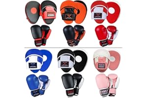 MAXSTRENGTH Boxing Gloves and Curved Focus Pads MMA Boxing Kick Training Hook & Jabs Pro Set Multi Colours