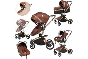 Prokoke PU-Leder Kinderwagen 3 in 1, Buggy mit Verstellbarem Sitz mit 360°-Drehung, Kinderwagen mit Rahmen Aluminiumlegierung, Kombikinderwagen 3 in 1 mit Einem Klick Faltbar Design (906 brown)