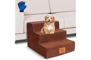 MASTERTOP Pet Stairs, 3-Steps High Density Foam Dog Stairs, Dog Steps with Washable Plush Cover, Non Slip Pet Ladder for Sofa Bed - Send Pet Grooming Gloves