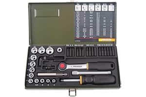 Proxxon Steckschlüsselsatz, Schraubersatz mit 1/4"-Umschaltratsche, Schraubendrehergriff und Magnethalter, 39-teiliges Werkzeug-Set mit Stahlkasten, 23070
