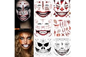 ENYACOS 5 Blätter Halloween Gesichtstattoo+1 Blätter narben tattoos，skelett zombie clown teufel und hexen tattoo gesicht, Mund Tattoo，Halloween Make up Accessoires (A)
